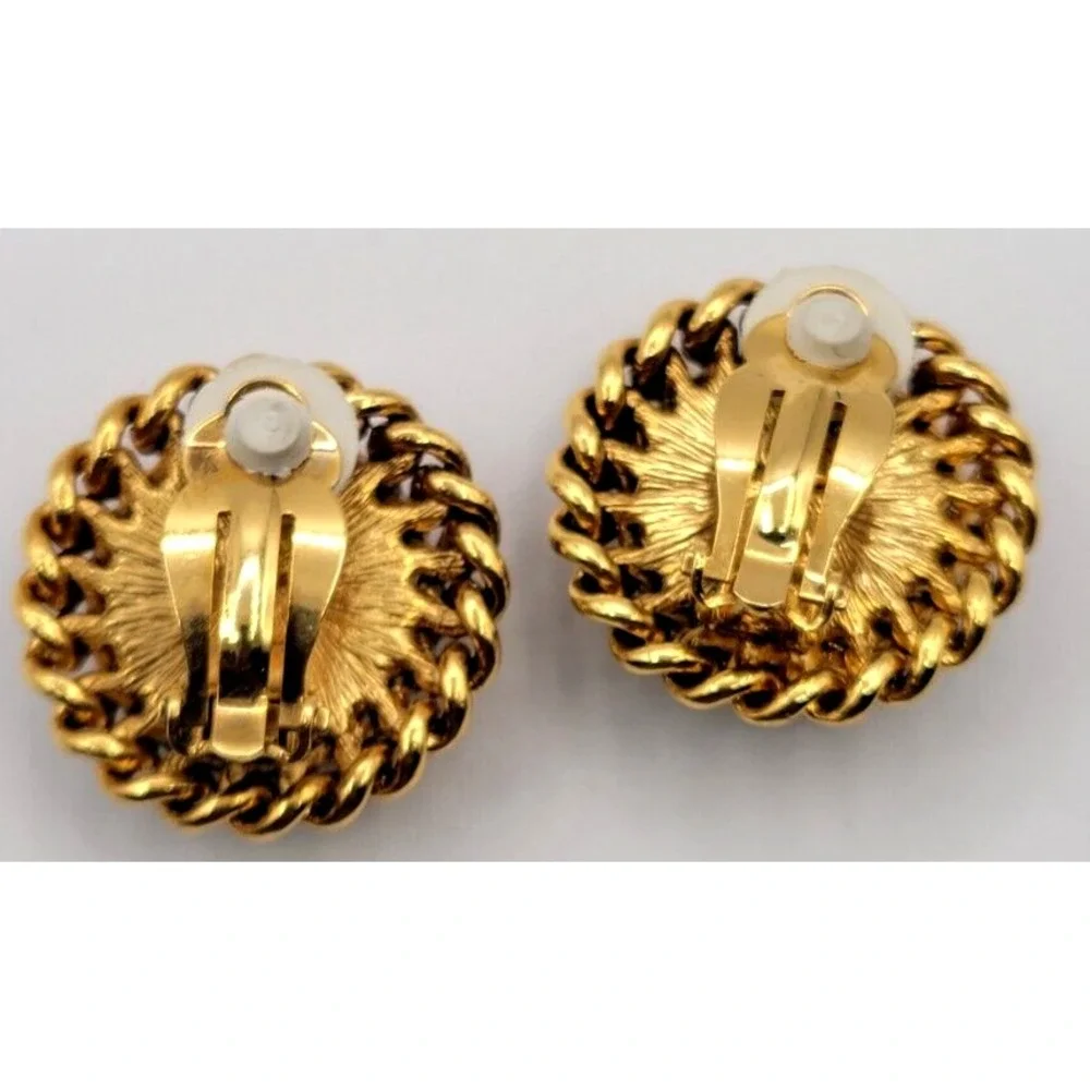 JOAN RIVERS‎ ROUND CABOCHON DARK PURPLE GOLD TONE ROPE CLIP ON EARRINGS SIGNED